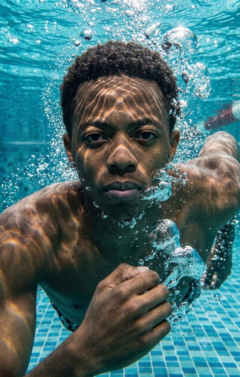 Akram Bulega training underwater in a pool