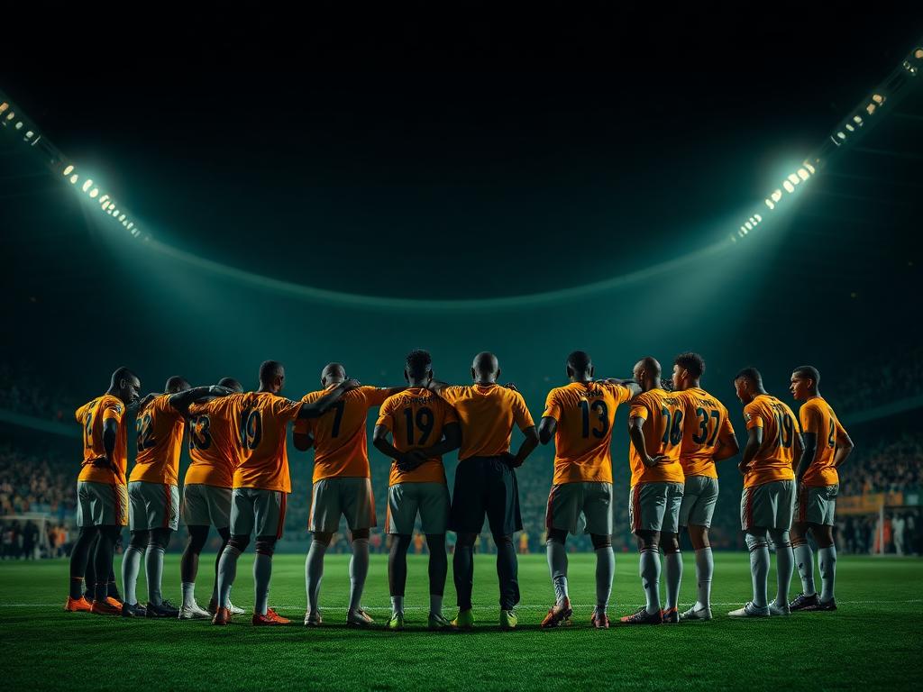 Team huddle on the pitch before kickoff