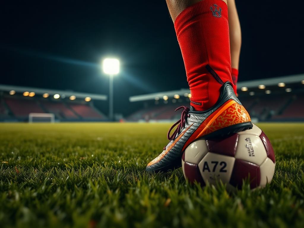 Close-up of football boots and match ball on the grass